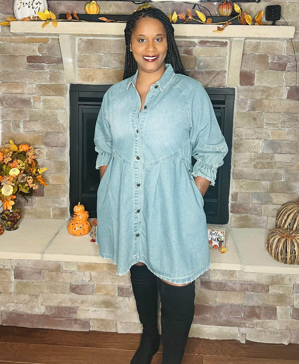 denim shirt dress with tights Long jean shirt outfit